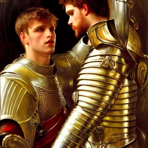 Image similar to attractive fully clothed arthur pendragon confesses his love for his attractive fully clothed male knight. highly detailed painting by gaston bussiere and j. c. leyendecker 8 k