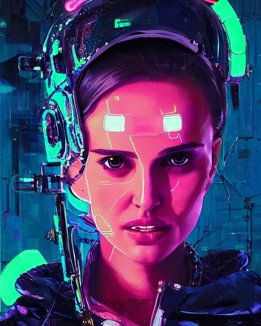 Image similar to detailed portrait Natalie Portman Neon Operator Girl, cyberpunk futuristic neon, reflective puffy coat, decorated with traditional Japanese ornaments by Ismail inceoglu dragan bibin hans thoma greg rutkowski Alexandros Pyromallis Nekro Rene Maritte Illustrated, Perfect face, fine details, realistic shaded, fine-face, pretty face