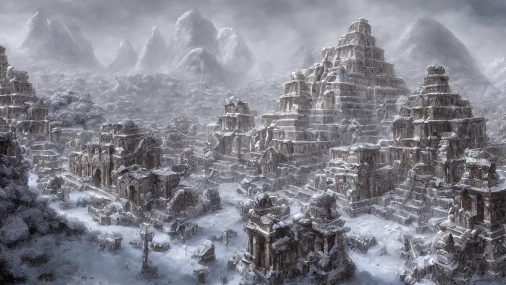 Image similar to Trending on artstation, beautiful snowy snow covered lost city, detailed matte painting, oil on canvas