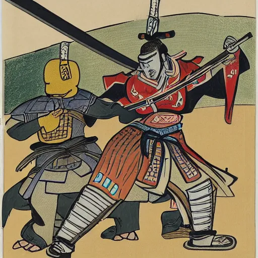 Prompt: samurai with helmet and sword in fighting position, asian styled house in background