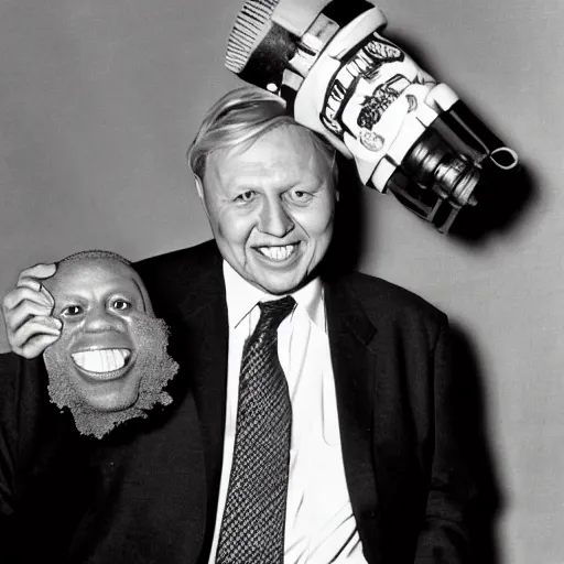 Prompt: smiling David Attenborough holding up Gary Coleman by the head,