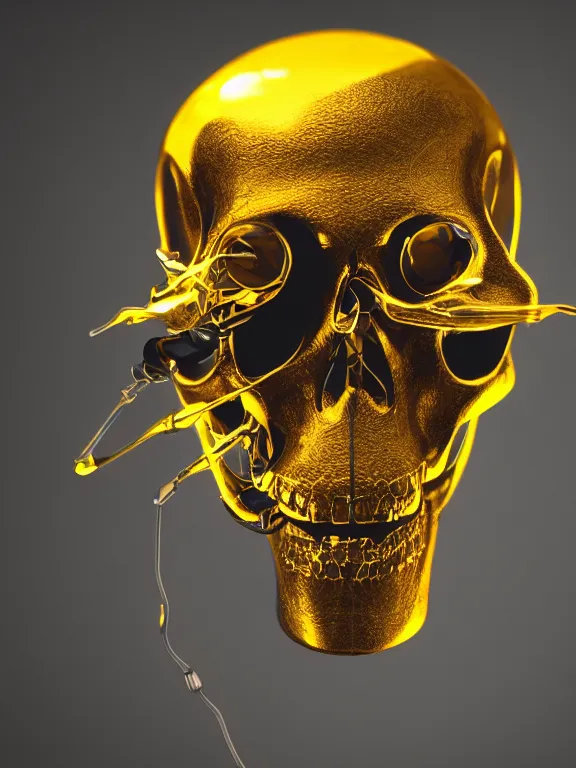 Prompt: photograph of a cyborg skull, glowing technical parts, golden fluid dripping down, studio lighting, 4k