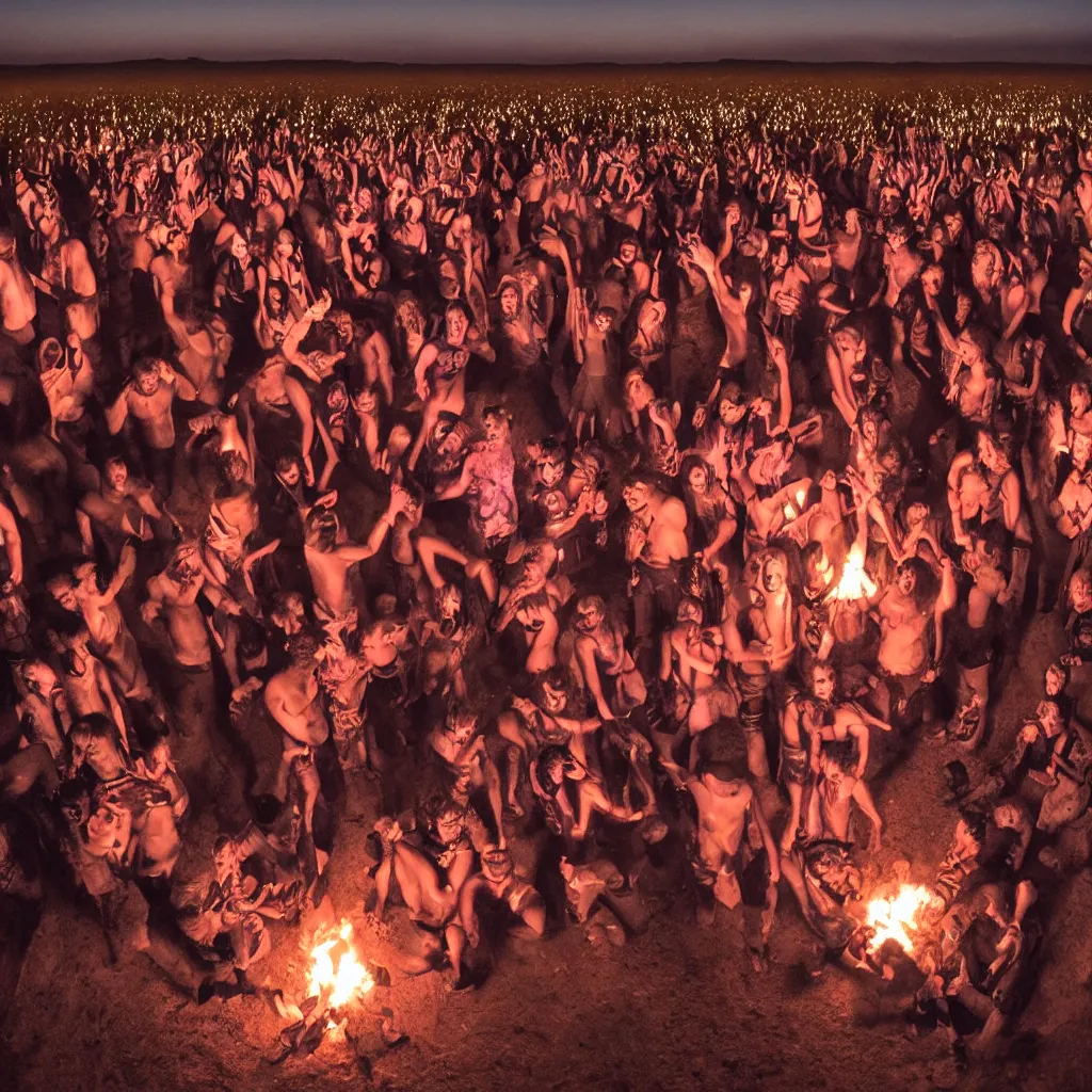 Prompt: stunning night photograph of a dozen ravers in the desert around a fire circle, hugging anatomically correct