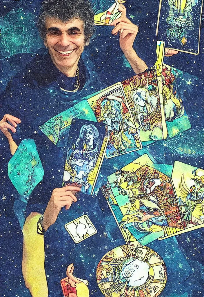 Image similar to Yoshua Bengio smiling on the Tarot card. Illustration.