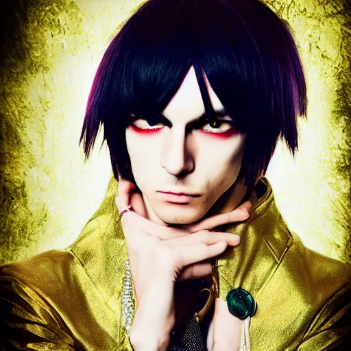 Image similar to eccentric portrait of Lelouch Lamperouge, mysterious man, professional photography, color correction, realistic eyes