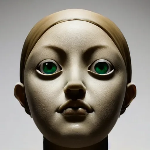 Prompt: A beautiful sculpture. She looks up at me, up and down. She has short-cropped hair, and a scar on her left cheekbone: just a line of black against her deep tan, precise and geometrical. Her eyes are pale green. by Inio Asano rigorous