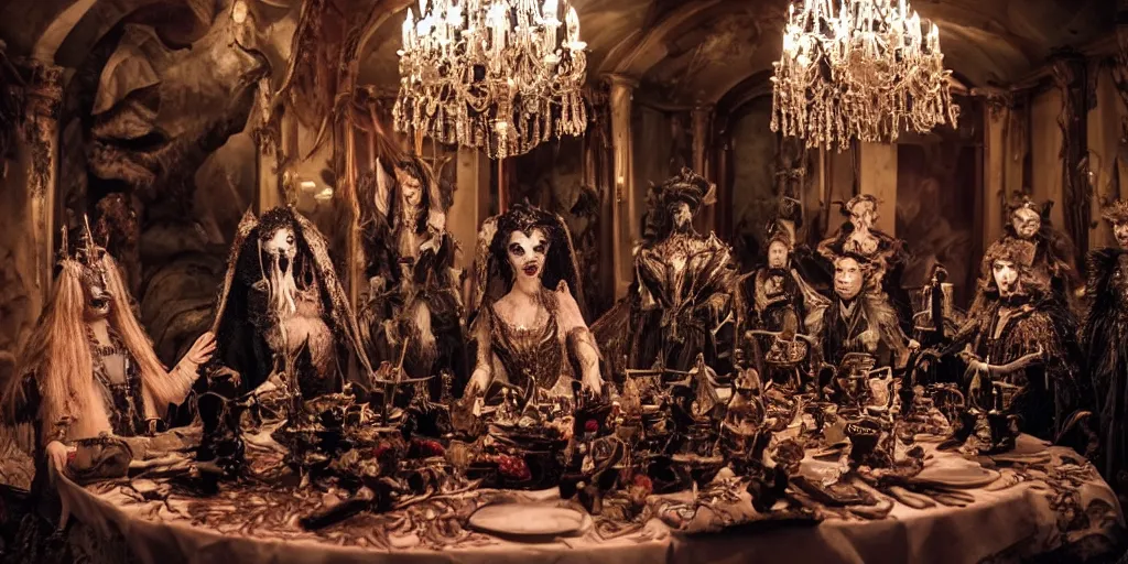 Prompt: photo taken of an epic intricate, ultra detailed, super realistic stop motion puppet of a majestic gracious regal aristocratic vampires in an indoor banquet hall filmset created by weta workshop and tim burton, menacing, wide angle, moody full body shot, photorealistic, sharp focus, gloomy, extremely cold blueish colour temperature, 3 5 mm, f 1. 4