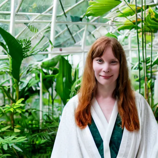 Image similar to close photo portrait of a pale skin woman wearing a white kimono in a tropical greenhouse