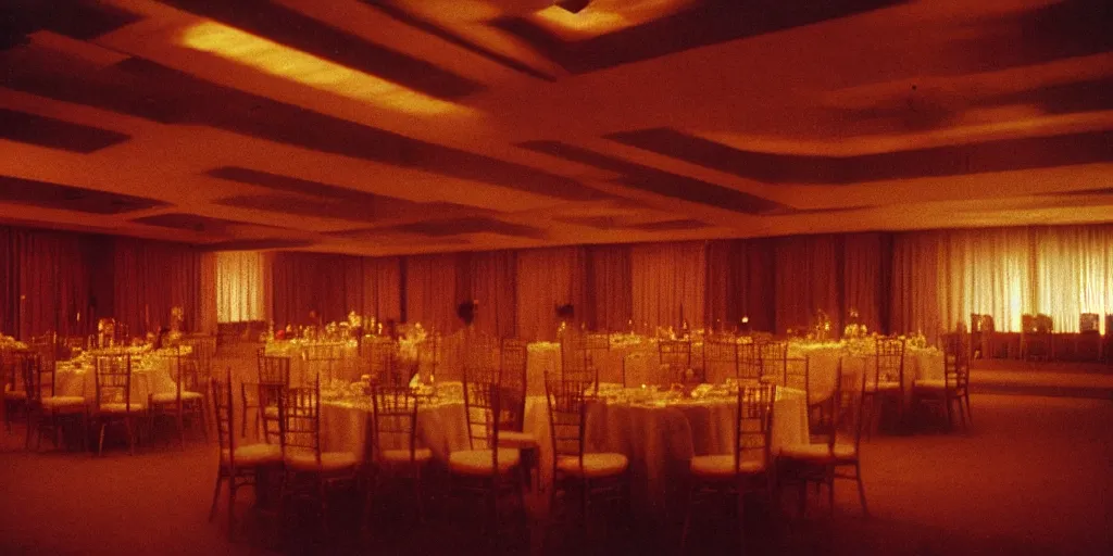 Image similar to a phantom hovers inside of a banquet hall. dramatic soft color lighting ( 1 9 8 4 ).