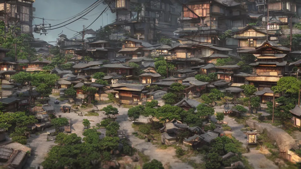 Prompt: small, oriental, japanese village with cyberpunk, techno - futuristic elements, designed in blender, octane render, fantasy, landscape, hyperrealistic, highly detailed, 4 k hd