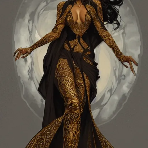 Prompt: Tall brown-skin elf woman, in elegant black and gold textured robes. Mid body shot. intricate, elegant, highly detailed, digital painting, artstation, concept art, smooth, sharp focus, art by stanley artgerm and greg rutkowski and alphonse mucha,