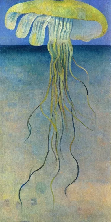 Image similar to jellyfish by paul gauguin, serene, calm, minimalist!!