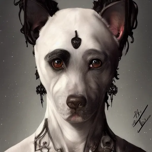 Prompt: a photograpic portrait of a anthropomorphic dog people wearing black clothes, black hair, grey skin, grey ears, fantasy, intricate, elegant, highly detailed, digital painting, artstation, smooth, sharp focus, illustration, art by artgerm and H R Giger and alphonse mucha