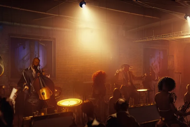 Prompt: a steampunk black man with long curly hair jazz musicians playing at a night club, focus on the musicians, cinematic lighting, exaggerated detailed, unreal engine, octane render, trending on artstation, art by greg rutkowski, 4 k