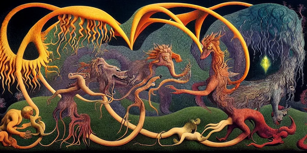 Image similar to mythical creatures and monsters in the visceral heart imaginal realm of the collective unconscious, in a dark surreal painting by johfra, mc escher and ronny khalil