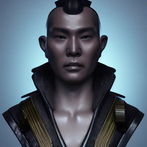 Image similar to portrait of a bust of a samurai with futuristic fashion elements created by yuuki morita, octane render, 3 d animated, unreal engine 5, studio lighting, photorealistic, smooth surface