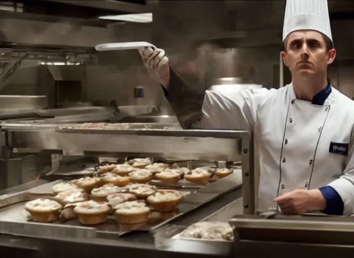 Image similar to film still of Rocket Racoon working as a pastry chef in the new Avengers movie, 4k