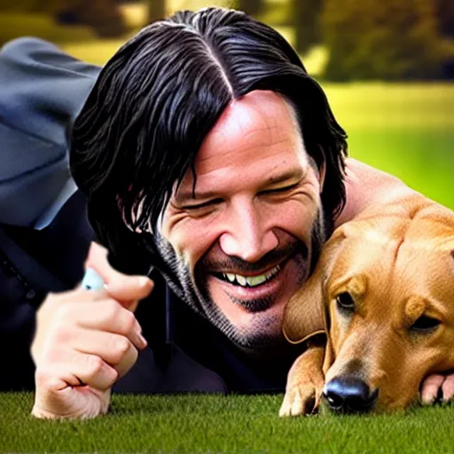 Prompt: John Wick Smiling and Playing with His Dog