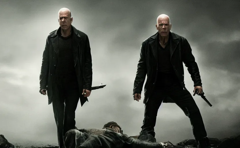 Prompt: photo of bruce willis future vampire hunter, ultra detailed, movie frame, cinematical composition, 4 k