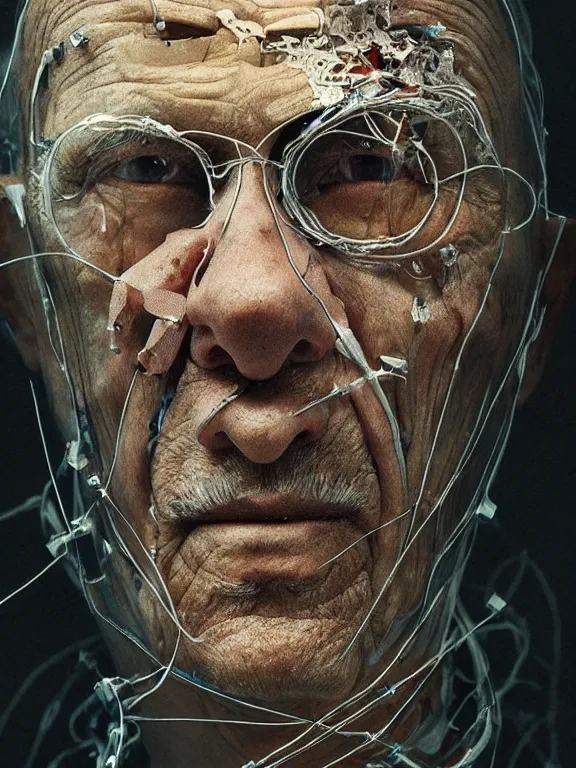 Prompt: portrait of old man, skin peeling to reveal cybernetics, wires, art by ryo shiotani and greg rutkowski, intricate, beautiful, portrait photography, cinematic lighting, vintage art by serge ivanoff, high resolution, very detailed