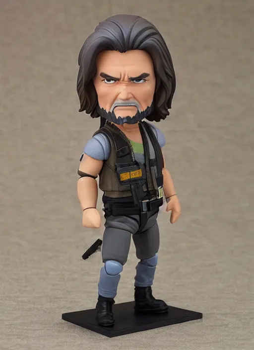 Prompt: kurt russell, a nendoroid of kurt russell is snake plisskin figurine, black tank top, grey pants, escape from new york, realistic face, detailed product photo