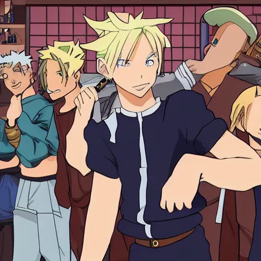 Prompt: young blonde boy fantasy thief in a tavern surrounded by friends of different skin tones, full metal alchemist, anime style