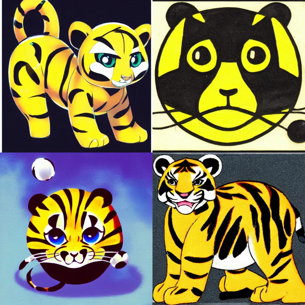 Prompt: a cute orb - shaped black and yellow electric baby tiger, official art by ken sugimori