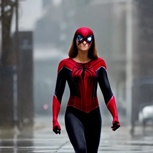 Prompt: Natalie Portman as spiderwoman, dramatic cinematic portrait, rain