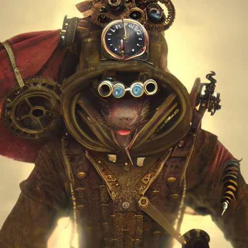 Image similar to rat warrior with steampunk goggles, clockwork, octane render, epic, cinematic, psychedelic, lsd, dmt by ruan jia