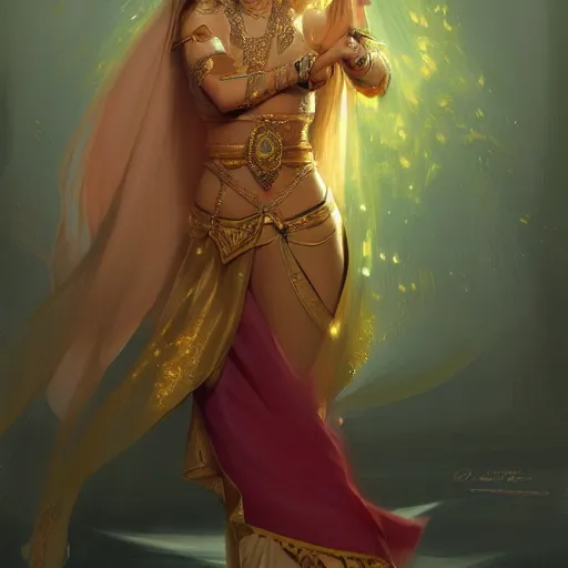 Prompt: princess zelda as a belly dancer, highly detailed digital painting, artstation, concept art, smooth, sharp focus, illustration, art by artgerm and greg rutkowski and alphonse mucha