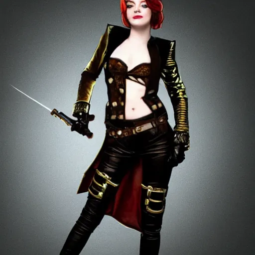 Prompt: full body photo of emma stone as a steampunk rogue with daggers