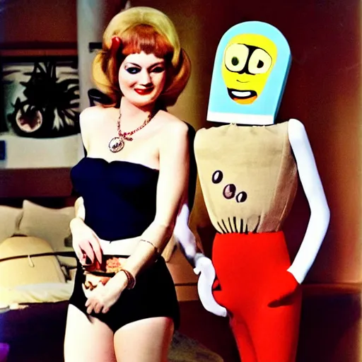 Prompt: 1976 film still glamorous woman photo and her friend, an anthropomorphic stomach, traveling in France, live action children's tv show, 16mm film live soft color, earth tones and some primary colors 1976, wacky, in style of john waters doris wishman russ meyer, woman looks like sharon tate