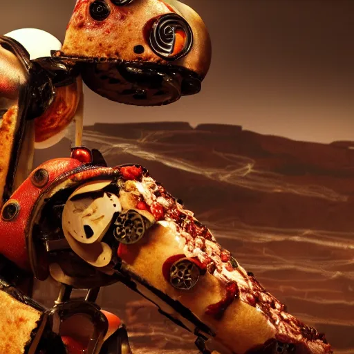 Prompt: close-up of a pizza robot, wasteland, highly-detailed, dramatic lighting, artstation, 4k, cinematic landscape, photograph by Keanu Reeves