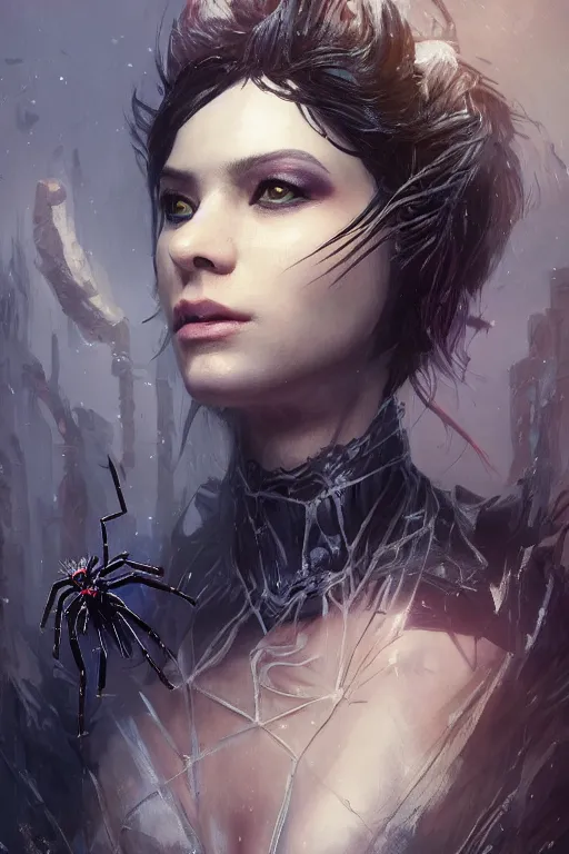 Prompt: A fancy portrait of an attractive spider women creature by Greg Rutkowski, beeple, Sung Choi, Mitchell Mohrhauser, Maciej Kuciara, Johnson Ting, Maxim Verehin, Peter Konig, Bloodborne, 8k photorealistic, cinematic lighting, HD, high details, dramatic, dark atmosphere, trending on artstation