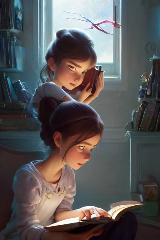 Image similar to highly detailed portrait of beautiful girl reading a book in toy story 3, dynamic pose, stephen bliss, unreal engine, fantasy art by greg rutkowski, loish, rhads, ferdinand knab, makoto shinkai and lois van baarle, ilya kuvshinov, rossdraws, tom bagshaw, global illumination, radiant light, detailed and intricate environment