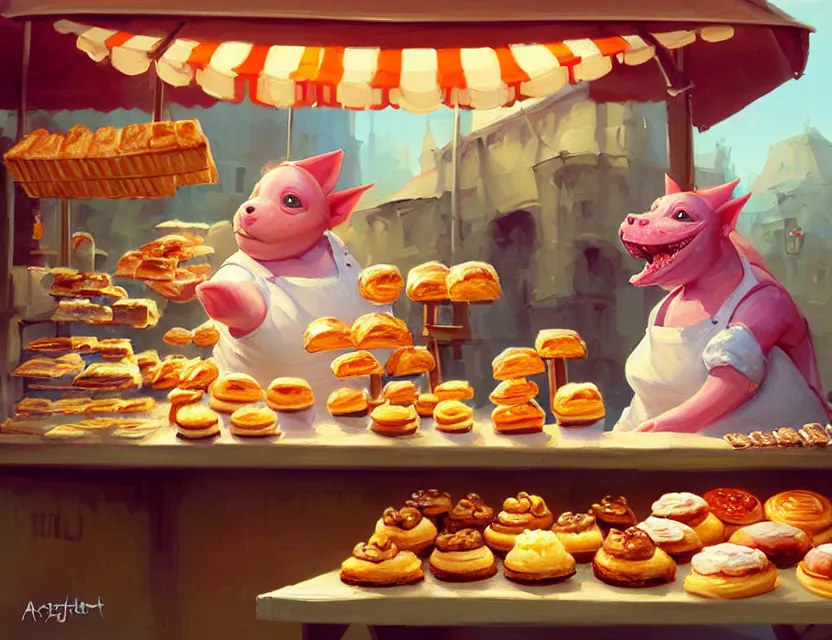 Prompt: a cute painting, one adorable very short fat obese kobold wearing an apron is happily selling delicious pastries at her stall in the market at kragkash, intricate, highly detailed, artstation, concept art, smooth, sharp focus, colorful scene, art by artgerm and greg rutkowski and wlop