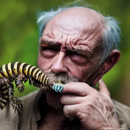 Image similar to National Geographic photo of angry old man with millipedes in his mouth