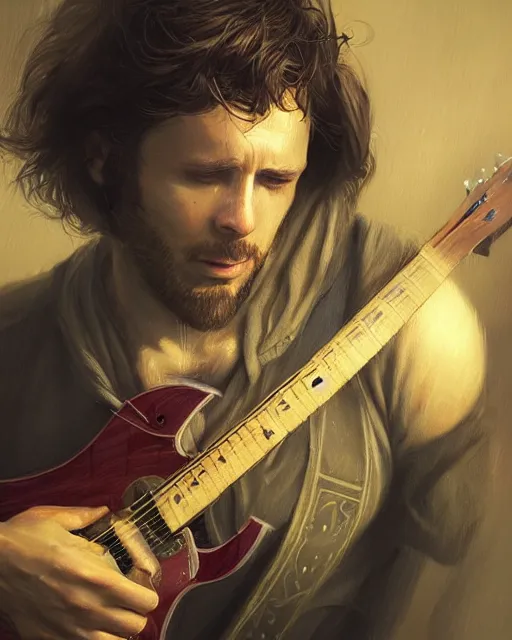 Prompt: chris tt playing guitar, hyper realistic face, fantasy art, in the style of greg rutkowski, intricate, hyper detailed