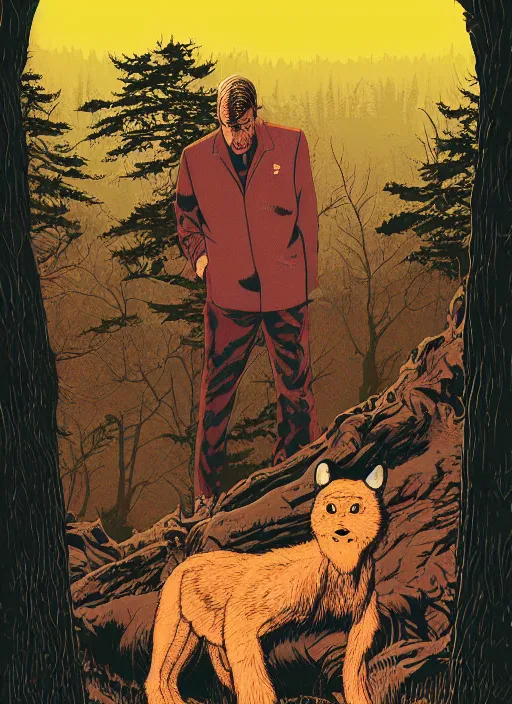 Prompt: Twin Peaks poster art, of Michael Shannon discovering a man dressed as a Furry in the woods, mysterious creepy, poster artwork by James Edmiston, Michael Whelan, Bob Larkin and Tomer Hanuka, Kilian Eng, Ed Emshwiller, Glenn Fabry, Kelly Freas, Greg Hildebrandt, Joe Jusko, Martine Johanna, Scott Listfield, Chris Moore, from scene from Twin Peaks, simple illustration, domestic, nostalgic, from scene from Twin Peaks, clean, full of details, by Makoto Shinkai and thomas kinkade, Matte painting, trending on artstation and unreal engine