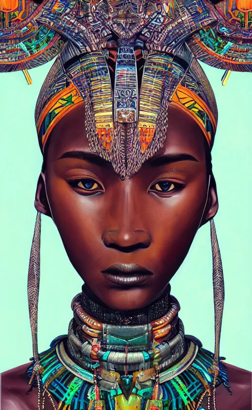 Prompt: upper half portrait of retro futuristic african tribal chief - embellished with vegetation and iridescent crystals, art by chsiao - ron cheng, highly detailed, digital painting, concept art, illustration, smooth sharp focus, intricate, symmetry, artstation, colourful,