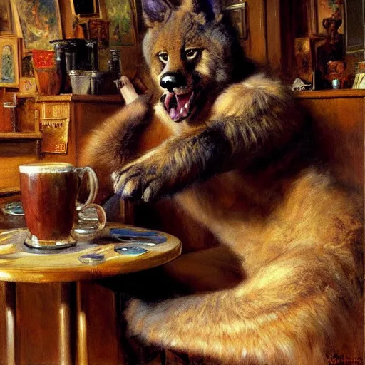 Image similar to a portrait of a furry in a coffee shop, furry body, furry arms, furry legs, furry tail. highly detailed painting by gaston bussiere, craig mullins, j. c. leyendecker, furry