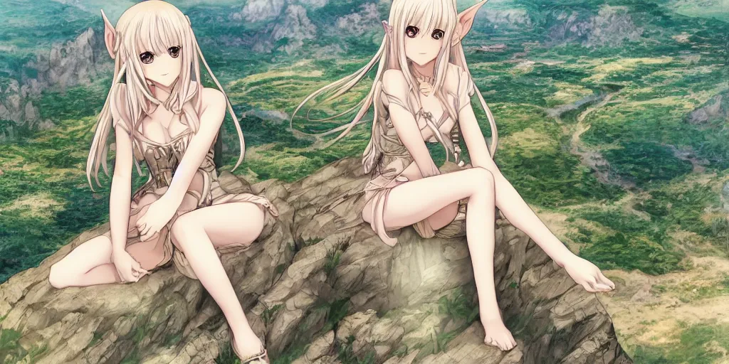 Prompt: alluring highly detailed manga line art wide-angle portrait of (1) a beautiful high-elf girl sitting on the edge of a cliff overlooking a fantasy valley, very detailed, realistic