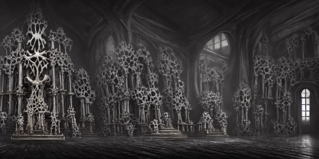 Prompt: low ultrawide interior shot of sedlec ossuary, covered in bones, smooth concept art mixed with fujifilm, dark, foggy, misty, atmospheric, trending on artstation, cgsociety, anime style, oil on canvas, denoise, cinematic masterpiece