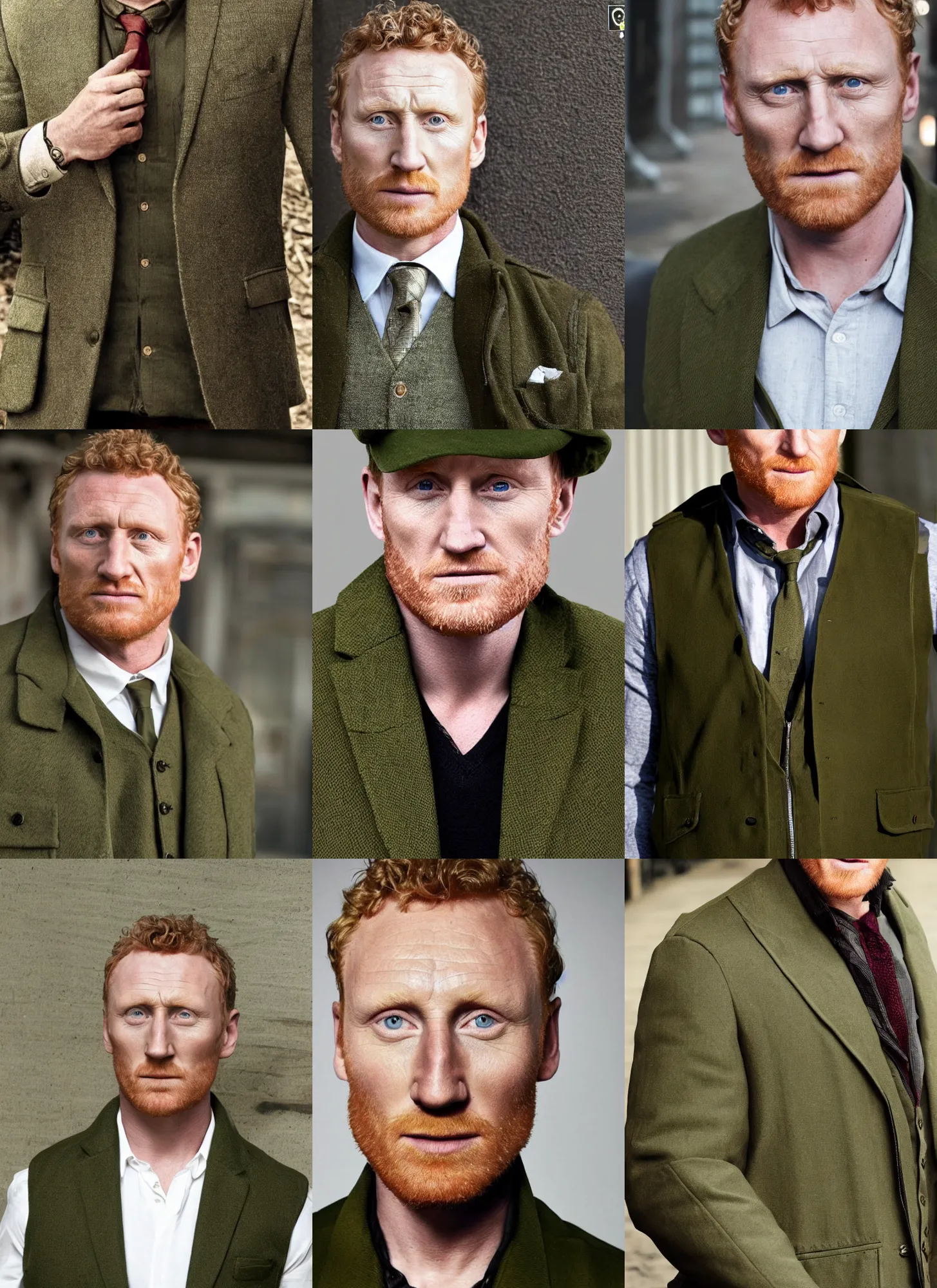 Prompt: portrait close - up kevin mckidd ciaran murphy, olive green flat cap and gilet suit, dark, gta v cover!!