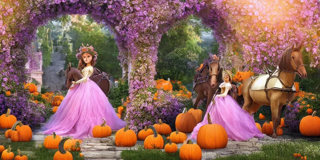 Prompt: fairytale princess entering the gates of her majestic palace of flowers with horse driven carriage made of pumpkins epic scene unreal render hyperrealistic detail Star Wars