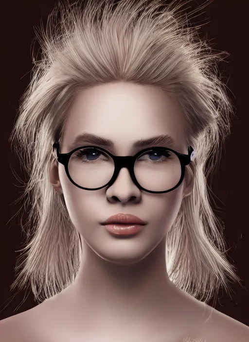 Prompt: a french woman with blonde hair tied in a strict bun, spectacles, lots of makeup, rich, character portrait, digital art, high quality, 8 k, detailed,