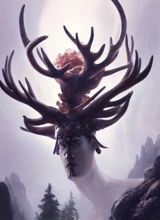 Image similar to Gigantic Deity with antlers and a white face, translucent amulets, extremly detailed oil painting, subsurface scattering, in the style of Fenghua Zhong and Ruan Jia and Jeremy Lipking, rim light, beautiful lighting, mystic, 8k, stunning scene, raytracing, octane, trending on artstation