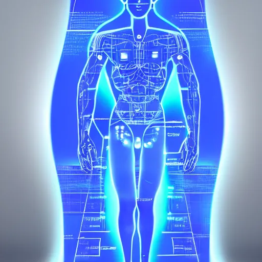 Image similar to detailed blueprint of a human on a hologram, sci-fi, futuristic, cgi