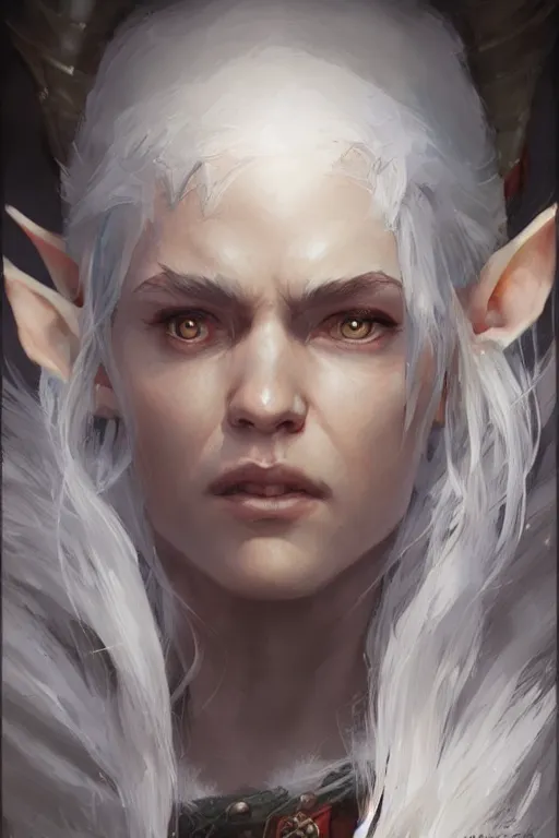 Prompt: dungeons and dragons snow elf character closeup portrait, dramatic light, dungeon background, 2 0 0 mm focal length, painted by stanley lau, painted by greg rutkowski, painted by stanley artgerm, brom, digital art, trending on artstation