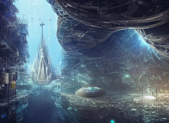 Image similar to favela spaceship cathedral, underwater environment, sorcery, scenery, professional, award - winning, trending on artstation, hyper detailed, realistic, beautiful, emotional, shiny, romantic, picture